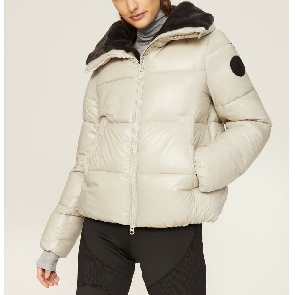 Save the Duck Moma Puffer Jacket Beige Faux Fur Stand Collar Full Zip Sz XS